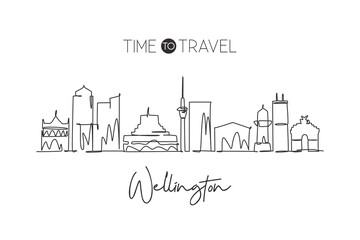 Fototapeta premium Single continuous line drawing of Wellington city skyline, New Zealand. Famous city scraper landscape. World travel destination concept. Editable stroke modern one line draw design vector illustration