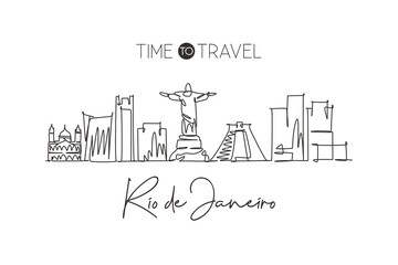 One single line drawing of Rio de Janeiro city skyline, Brazil. World historical town landscape. Best holiday destination home wall decor poster. Trendy continuous line draw design vector illustration