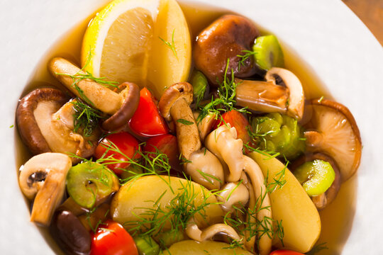 Mushroom hoosh boiled with honey fungus, lemon and vegetables