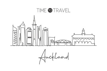 One single line drawing of Auckland city skyline, New Zealand. World historical town landscape. Best place holiday destination home decor poster. Trendy continuous line draw design vector illustration