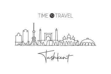 One single line drawing of Tashkent city skyline, Uzbekistan. World historical town landscape. Best holiday destination postcard. Editable stroke trendy continuous line draw design vector illustration