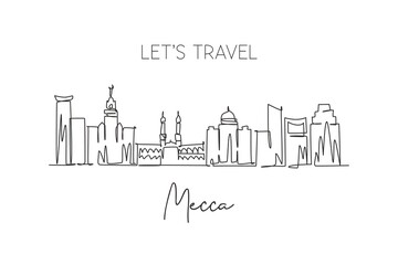 Fototapeta na wymiar One single line drawing of Mecca city skyline, Saudi Arabia. World historical town landscape. Best holiday destination. Editable stroke trendy continuous line draw design vector graphic illustration