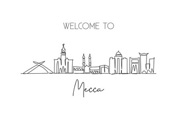 Fototapeta na wymiar One continuous line drawing Mecca city skyline, Saudi Arabia. Beautiful landmark postcard print art. World landscape tourism travel vacation. Stylish stroke single line draw design vector illustration