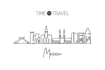 Fototapeta na wymiar Single continuous line drawing of Mecca holy city skyline, Saudi Arabia. Famous city scraper landscape. World travel home decor wall art poster print. Modern one line draw design vector illustration