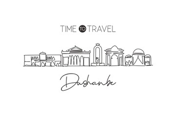 Naklejka premium Single continuous line drawing of Dushanbe city skyline, Tajikistan. Famous city landscape home wall decor poster print art. World travel concept. Modern one line draw design vector illustration