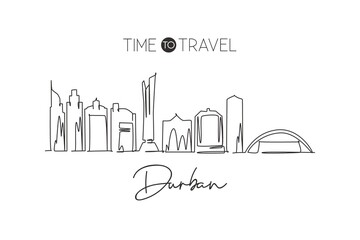 One continuous line drawing of Durban city skyline, South Africa. Beautiful landmark postcard print. World landscape tourism travel vacation. Stylish stroke single line draw design vector illustration