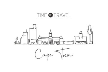One single line drawing of Cape Town city skyline, South Africa. World historical town landscape. Best holiday destination postcard print art. Trendy continuous line draw design vector illustration - obrazy, fototapety, plakaty