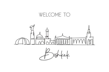 Naklejka premium One continuous line drawing of Bishkek city skyline, Kyrgyzstan. Beautiful landmark. World landscape tourism and travel vacation. Editable stylish stroke single line draw design vector illustration