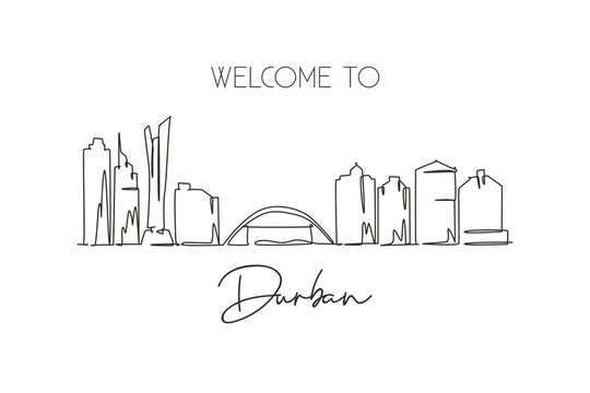 One Single Line Drawing Of Durban City Skyline, South Africa. World Historical Town Landscape Wall Decor Poster Print. Best Holiday Destination. Trendy Continuous Line Draw Design Vector Illustration