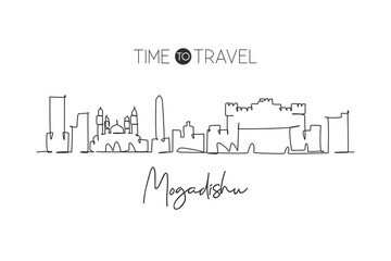 Single continuous line drawing of Mogadishu city skyline, Somalia. Famous city scraper and landscape wall decor poster print art. World travel concept. Modern one line draw design vector illustration