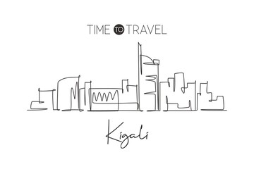 Single continuous line drawing of Kigali city skyline, Rwanda. Famous city scraper and landscape home wall decor poster print art. World travel concept. Modern one line draw design vector illustration