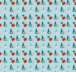Hand-drawn cute Christmas pattern with snowmen, present boxes, christmas trees and bunnies.