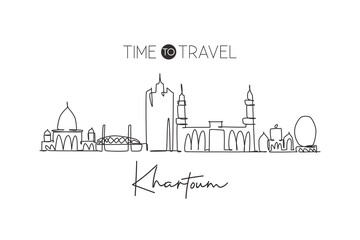 One single line drawing of Khartoum city skyline, Sudan. Historical place landscape in world postcard. Best holiday destination. Editable stroke trendy continuous line draw design vector illustration