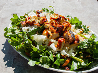 Close up shot of a plate of Autumn salad with vegetable, cheesse and grilled chicken