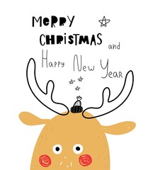 Merry Christmas and happy new year. Cartoon moose, hand drawing lettering, decor elements. holiday theme. Colorful vector illustration, flat style. design for greeting cards, print, poster