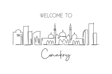 Fototapeta na wymiar One single line drawing of Conakry city skyline, Guinea. Historical place landscape in world postcard print. Best holiday destination. Trendy continuous line draw design vector graphic illustration