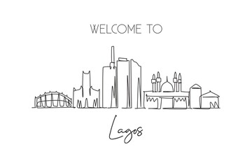 Fototapeta na wymiar One single line drawing of Lagos city skyline, Nigeria. Historical town landscape home wall decor poster print art. Best holiday destination. Trendy continuous line draw design vector illustration