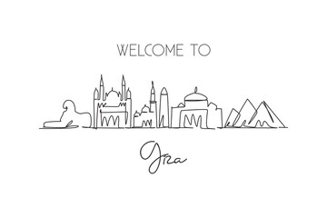 Obraz premium One single line drawing Giza city skyline, Egypt. Historical town landscape home wall decor poster print art. Best holiday destination. Trendy continuous line draw design vector graphic illustration