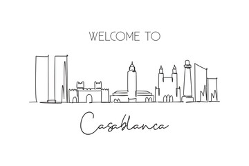 Fototapeta na wymiar One continuous line drawing of Casablanca city skyline, Morocco. Beautiful landmark wall decor poster. World landscape tourism and travel vacation. Stylish single line draw design vector illustration