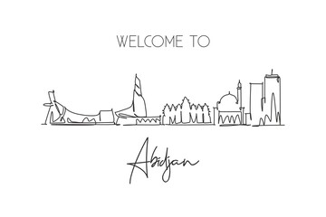Single continuous line drawing of Abidjan city skyline, Ivory Coast. Famous city scraper landscape home wall decor poster print. World travel concept. Modern one line draw design vector illustration