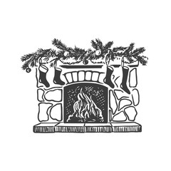 Sketch vector illustration of  Christmas fireplace with socks