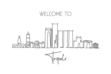 One continuous line drawing of Tripoli city skyline, Libya. Beautiful city landmark. World landscape tourism and travel vacation. Editable stylish stroke single line draw design vector illustration