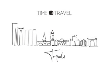 Obraz premium Single continuous line drawing of Tripoli city skyline, Libya. Famous city scraper and landscape home wall decor art poster print. World travel concept. Modern one line draw design vector illustration
