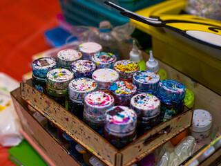 watercolor paints on the table