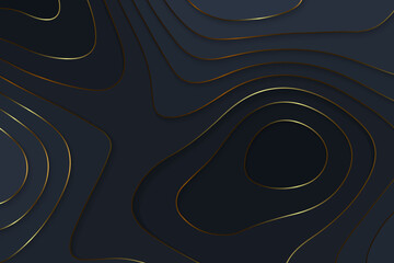 Geometric cut paper black luxury background with gold elements, topography map concept. Vector illustration - obrazy, fototapety, plakaty