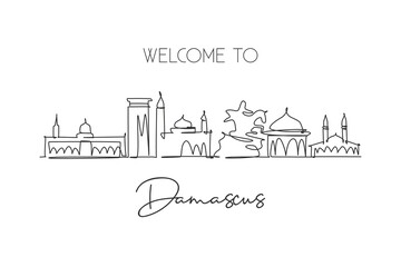 Fototapeta na wymiar One continuous line drawing of Damascus city skyline, Syria. Beautiful city landmark. World landscape tourism and travel vacation. Editable stylish stroke single line draw design vector illustration