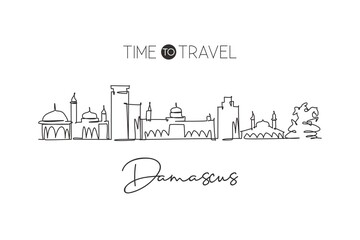 One single line drawing of Damascus city skyline, Syria. Historical town landscape home wall decor art poster print. Best holiday destination. Trendy continuous line draw design vector illustration