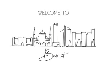 Fototapeta premium Single continuous line drawing of Beirut city skyline, Lebanon. Famous city scraper and landscape home wall decor poster print. World travel concept. Modern one line draw design vector illustration