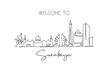 Fototapeta na wymiar One single line drawing of Surabaya city skyline Indonesia. Historical town landscape home wall decor poster print art. Best holiday destination. Trendy continuous line draw design vector illustration
