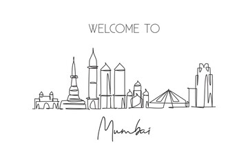 Obraz premium One continuous line drawing Mumbai city skyline, India. Beautiful city landmark home decor wall art poster print. World landscape tourism travel vacation. Single line draw design vector illustration