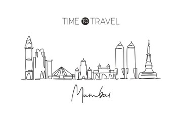 Obraz premium One single line drawing of Mumbai city skyline, India. Historical town landscape in the world. Best holiday destination. Editable stroke trendy continuous line draw design vector graphic illustration