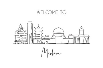 Fototapeta premium Single continuous line drawing of Medan city skyline, Indonesia. Famous city scraper and landscape postcard print. World travel concept. Editable stroke modern one line draw design vector illustration