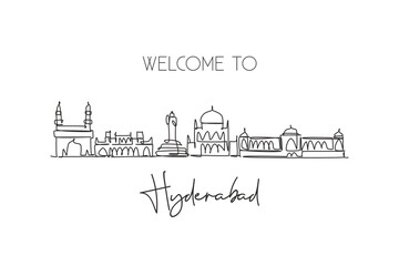 One continuous line drawing of Hyderabad city skyline, India. Beautiful city landmark wall decor poster. World landscape tourism travel vacation. Stylish single line draw design vector illustration