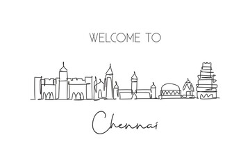 Fototapeta na wymiar Single continuous line drawing of Chennai city skyline, India. Famous city scraper and landscape home decor wall art poster print. World travel concept. Modern one line draw design vector illustration