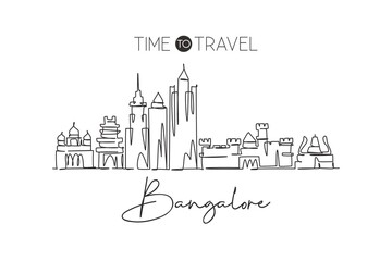 Fototapeta na wymiar One single line drawing of Bangalore city skyline, India. Historical town landscape in world. Best holiday destination. Editable stroke trendy continuous line draw design vector graphic illustration