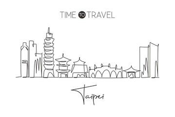 Obraz premium Single continuous line drawing of Taipei city skyline, Taiwan. Famous city scraper and landscape home wall decor art poster print. World travel concept. Modern one line draw design vector illustration