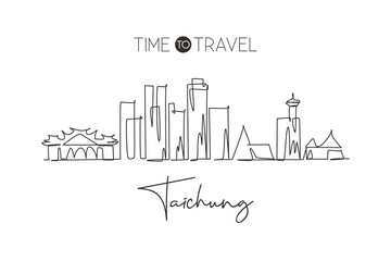 One continuous line drawing of Taichung city skyline, Taiwan. Beautiful landmark. World landscape tourism and travel vacation. Editable stylish stroke single line draw design vector illustration
