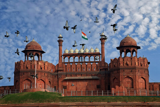 Red Fort Lal Qila with Indian flag. Delhi, India 