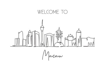 One single line drawing of Macau city skyline, China. Historical town landscape in the world. Best holiday destination. Editable stroke trendy continuous line draw design graphic vector illustration