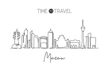 Single continuous line drawing of Macau city skyline, China. Famous city scraper and landscape home wall decor art poster print. World travel concept. Modern one line draw design vector illustration