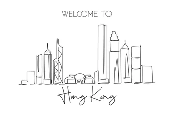 Foto op Plexiglas One single line drawing of Hong Kong city skyline, China. Historical town landscape home wall decor art poster print. Best holiday destination. Trendy continuous line draw design vector illustration © Simple Line