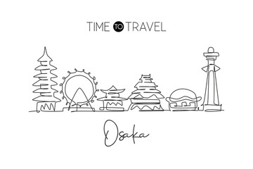 One single line drawing of Osaka city skyline, Japan. Historical town landscape. Best holiday destination home decor wall art poster print. Trendy continuous line draw design vector illustration
