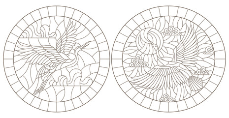 Set of contour illustrations of stained glass Windows with swans against the sky, dark outlines on a white background, oval images