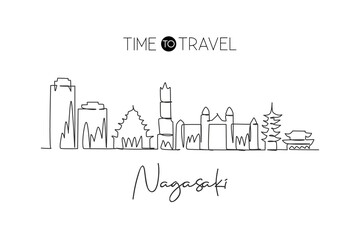 Fototapeta na wymiar One single line drawing of Nagasaki city skyline, Japan. Historical town landscape in the world. Best holiday destination poster. Editable stroke trendy continuous line draw design vector illustration