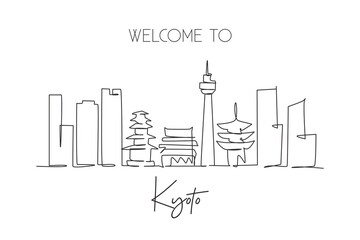 Fototapeta premium Single continuous line drawing of Kyoto city skyline, Japan. Famous city scraper and landscape. World travel concept home decor wall art poster print. Modern one line draw design vector illustration