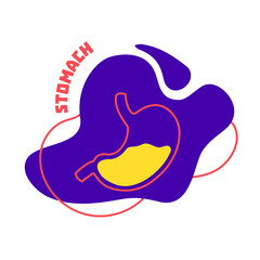 Stomach digestive system body organ outline icon on abstract geometric splash. Human anatomy medical cartoon symbol. Vector illustration.